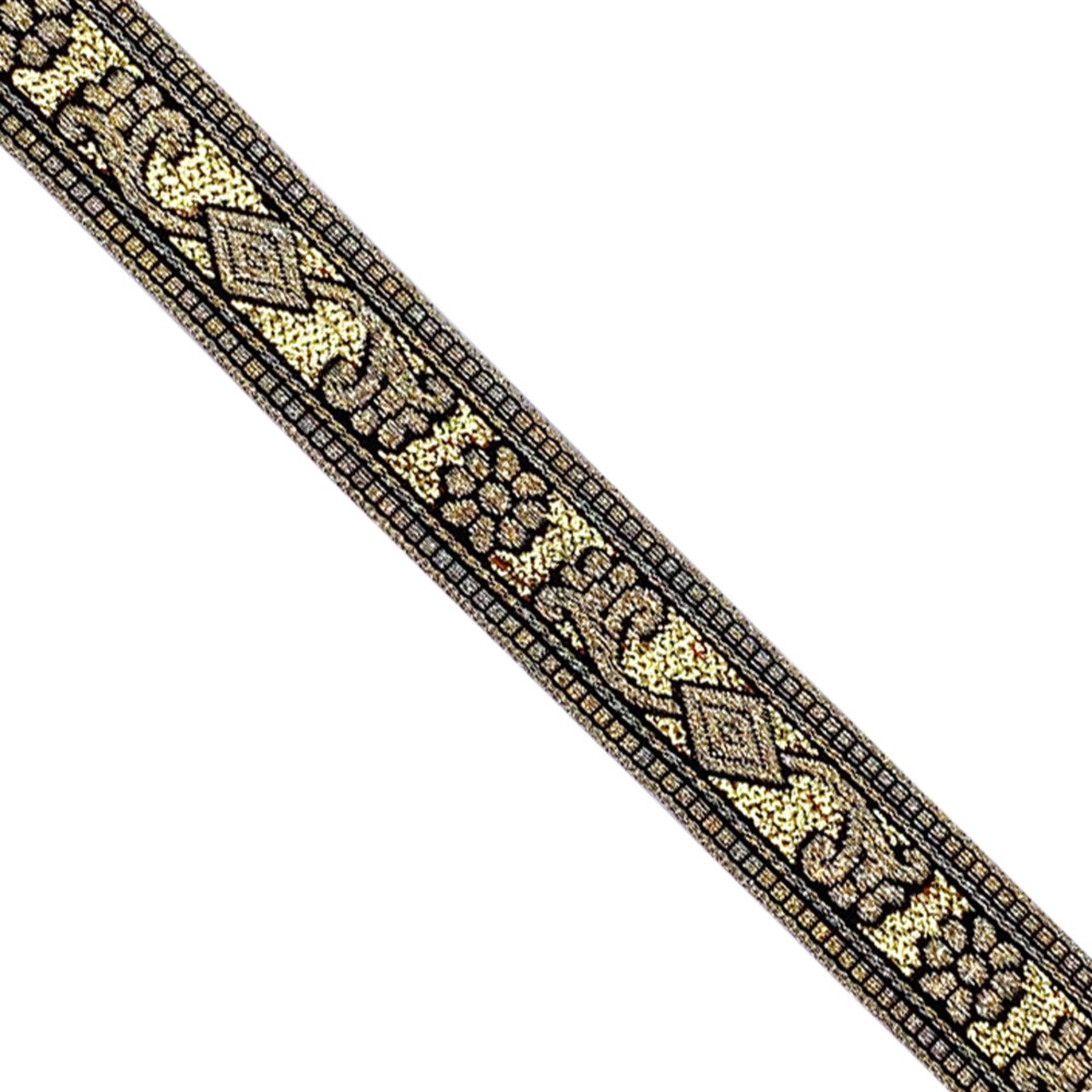 Designer's Shop Jacquard Metallic gold daisy floral vine on black ribbon, 13/16" (20mm) x 5 yard, JL 470